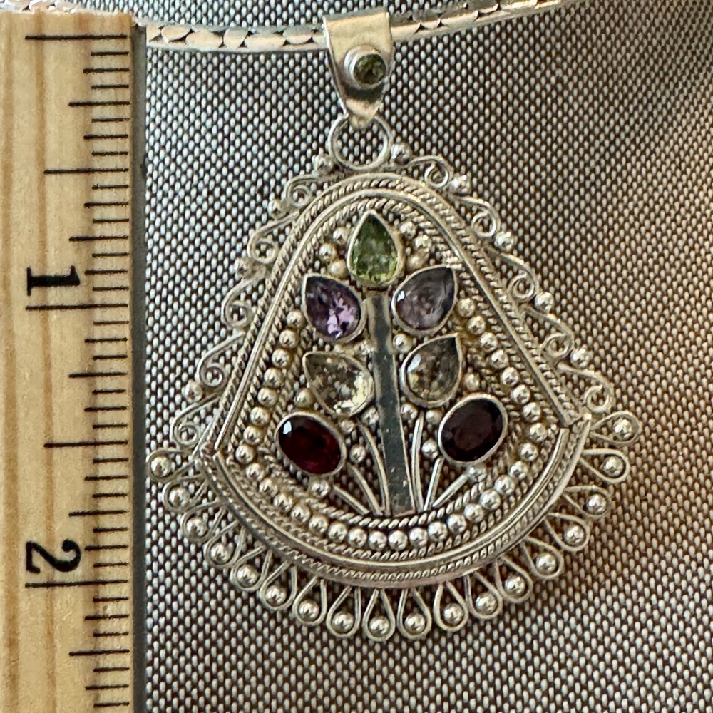 Large Artisan Silver With Multi-Gemstone Pendant - Picture 7 of 8
